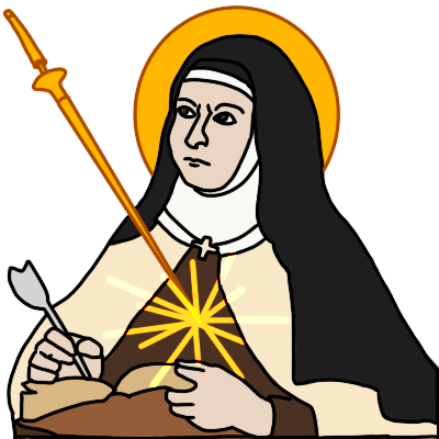 St Teresa of Ávila, based on Peter Paul Rubens painting of her, but with a golden halo and a golden lance striking her heart as she describes in one of her visions. She is a pale-skinned woman writing in a book with a quill, wearing a historical carmelite habit. streams of light come from the tip of the lance.
